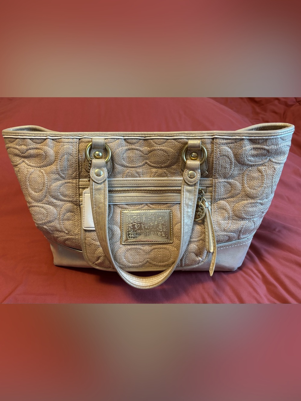 Coach Poppy Metallic Champagne Quilted Tote with Signature Plaque